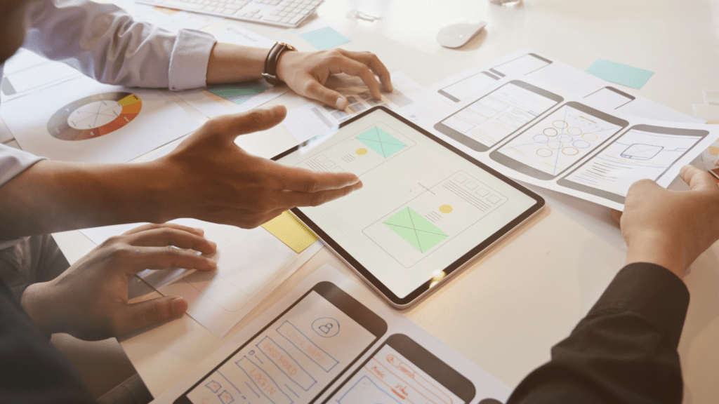 a group of people sitting around a table with a tablet